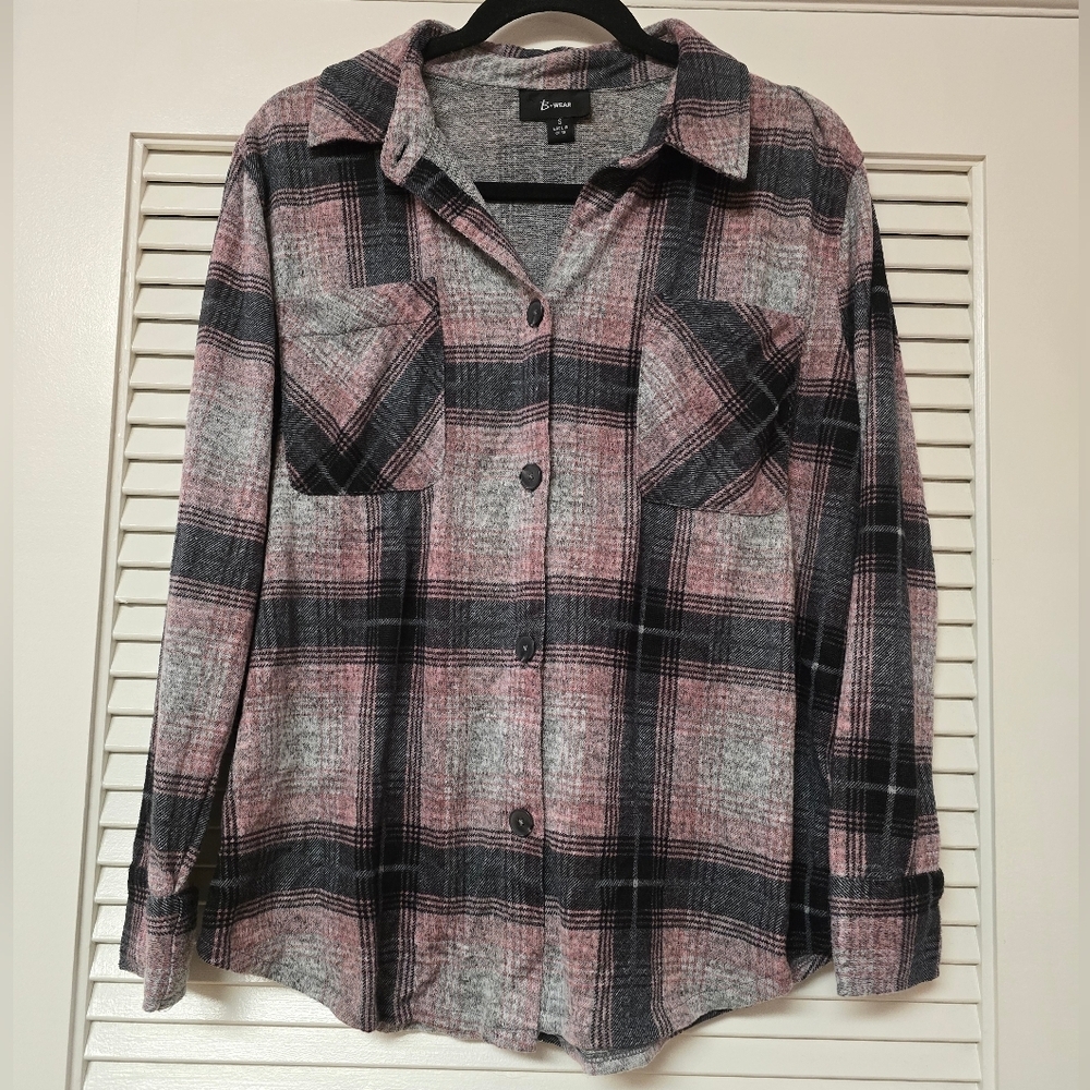 B.Wear - Plaid Long-Sleeve Oversized Loose-Fit Casual Button Top